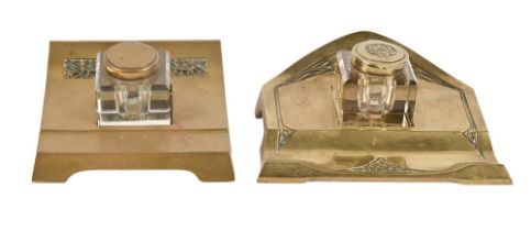 A German Jugendstil brass inkstand and a similar contemporary bronze example, early 20th c, each