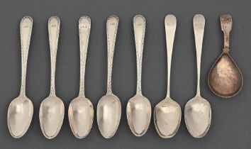 A set of five George III silver teaspoons, Feather Edge pattern, part marked, London 1784 and