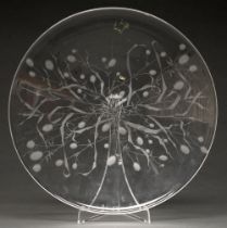 Scandinavian glass. A Kosta engraved glass dish, 37cm diam, maker's label Good condition