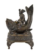 A Japanese bronze censer in the form of Kinko riding a carp, Meiji period, 32cm h; 22cm w Fin and