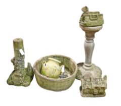 A quantity of reconstituted stone garden ornaments, including pedestal 70cm h, planter 20cm h x 55cm