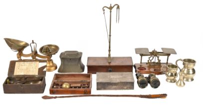 Miscellaneous Victorian and later bygones, including brass postal scales, Sikes hydrometer, pewter