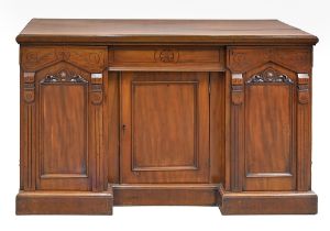 A late Victorian carved mahogany breakfront sideboard, with panelled doors, 91cm h; 151 x 51cm Top