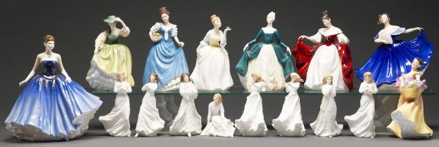 Sixteen Royal Doulton bone china figures of young women, various sizes, printed mark