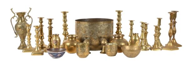 Miscellaneous Victorian and later brass candlesticks, an Indian engraved brass jardiniere, a two