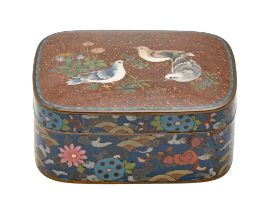 A Japanese oblong cloisonne enamel box and cover, Meiji period, the cover with three doves on a