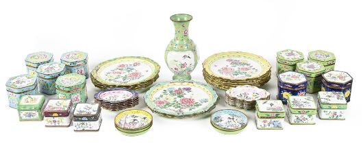 A collection of Chinese Canton painted enamel boxes, plates, dishes and a vase, 20th c,