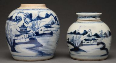 Two Chinese blue and white ginger jars and a cover, 19th c, painted with landscapes, 17 and 21cm h