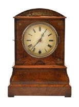 A brass inlaid walnut mantel clock, early 20th c, with painted dial, pendulum, 37cm h; 27 x 16cm