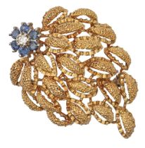 A sapphire and diamond brooch, in 18ct gold, 43mm l, import marked London, c1975, 11.4g Good
