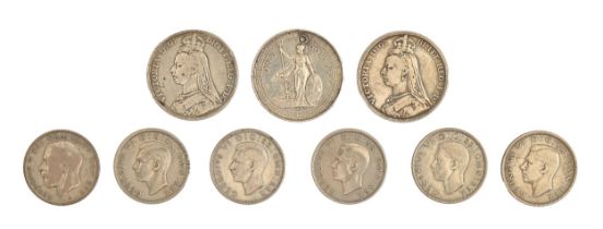 Silver coins. Crown 1891 (2), Half crown period 1920-46 (6) and China Trade Dollar, pierced (9)