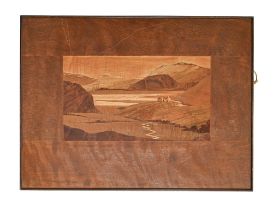 A marquetry landscape picture, in the manner of the The Rowley Gallery, c. 1930, worked in