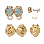 One and a pair of matching 9ct gold ear clips, 10mm, a gold knot earring and a pair of opal