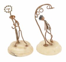 A pair of wirework figurines on alabaster base, 1930s, 15cm h Minor chips to bases, one figure loose