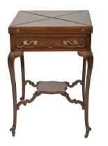 An Edwardian mahogany card table, with 'envelope' top, brass handles, 74cm h; 53 x 53cm Top slightly