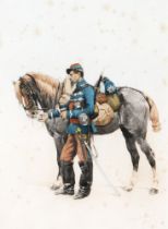 After Jean-Baptiste Édouard Detaille - A Dragoonsman; A French Soldier by His Horse, a matched pair,