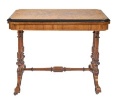 A Victorian walnut, amboyna and inlaid card table, with outset ends, on coupled standards and volute