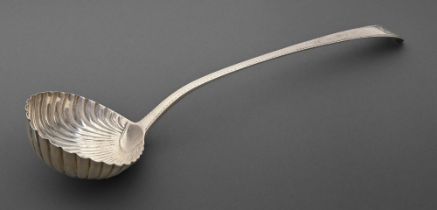 A George III silver soup ladle, Feather Edge pattern, the chased cartouche initialled J, shell bowl,