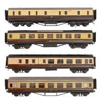 Four 7mm finescale GWR twin bogie corridor coaches by Exley, including a 1st/3rd side corridor, a