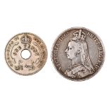 Silver coin. Crown 1889 and British West Africa penny 1940 (2)
