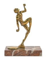 An Art Deco brass figure of a dancing woman, on marble base, indistinctly stamped DONNOV, 18cm h