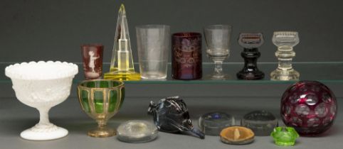 An English press moulded glass bellows novelty wall pocket, c1880 and miscellaneous other ornamental