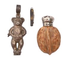 A George V silver teddy bear baby's rattle handle, approximately 60mm h, by Crisford & Norris,