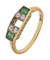 An emerald and diamond ring, in gold marked 18ct, 2.6g, size M Lacks centre stone