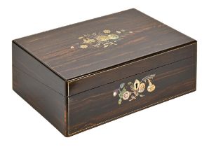 A Victorian marblewood writing box, inlaid in mother of pearl and abalone, fitted interior, key,