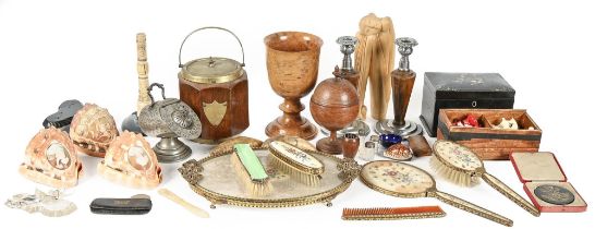 Miscellaneous Victorian and later bygones, including a papier mache tea caddy, carved shells,