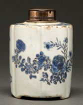 A silver mounted Chinese export blue and white tea caddy and cover, late 18th c, painted with two