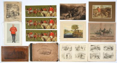 A folio of prints, 19th c, mostly hunting, some Punch and Vanity Fair caricatures, Dorothy Hardy,