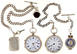 Two Victorian silver lever watches and two contemporary silver alberts, each with T-bar, mounted