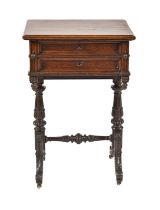 A French oak work table, 19th c, with fitted parquetry interior and mirror to the underside of the