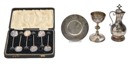 A George V silver communion set for the Visitation of the Sick, flagon and stopper, 12.5cm h, by J
