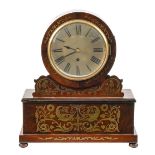 A Victorian brass inlaid rosewood mantel clock, with fusee movement and silvered dial, pendulum