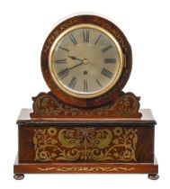 A Victorian brass inlaid rosewood mantel clock, with fusee movement and silvered dial, pendulum