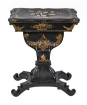 A Victorian papier mache work table, inlaid in mother of pearl and painted with flowers, the