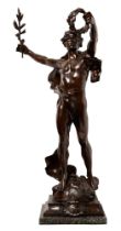 After Louis Auguste Moreau - a French bronze statue of Le Triomphe, early 20th c, on square marble