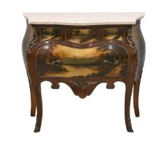 A French mahogany and vernis Martin petite commode, in Louis XV style, 20th c, with gilt lacquered