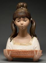 A Lladro stoneware sculpture of the head of a girl and a bowl, 41cm h, printed mark and Lladro