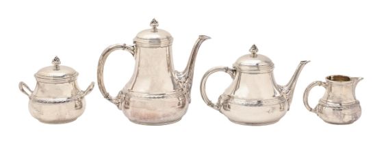 A German silver tea and coffee service, c1900, coffee pot and cover 19.5cm h, by Heimerdinger,