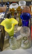 Miscellaneous decorative and studio glass ware, including a pair of Carnival glass vases, 36cm h, an