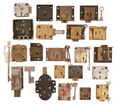 Miscellaneous brass and steel safe locks, 19th c and later, various sizes, several with key and