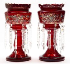 A pair of Bohemian ruby flashed, enamelled and gilt glass lustres, late 19th c, 35cm h Neck rim of
