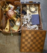 Miscellaneous items, including a brass mounted copper kettle on stand, 50cm h, African hardwood bust