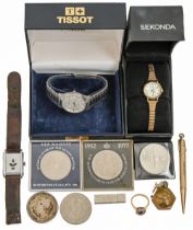 A Tissot gentleman's Seastar wristwatch, boxed, a 1937 Australian crown, a brass trench art