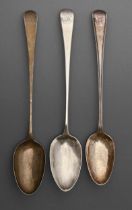 Three George III silver basting spoons, Old English and Old English Thread patterns, one crested,