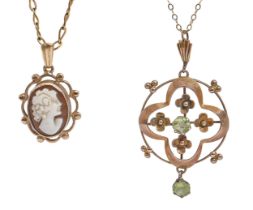 A peridot openwork pendant, early 20th c, in gold, 42mm h and a cameo pendant, 9ct gold, each on