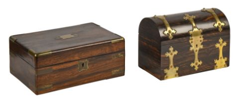 A Victorian marblewood stationery box, with coffered lid and brass strapwork, divided interior, 23.